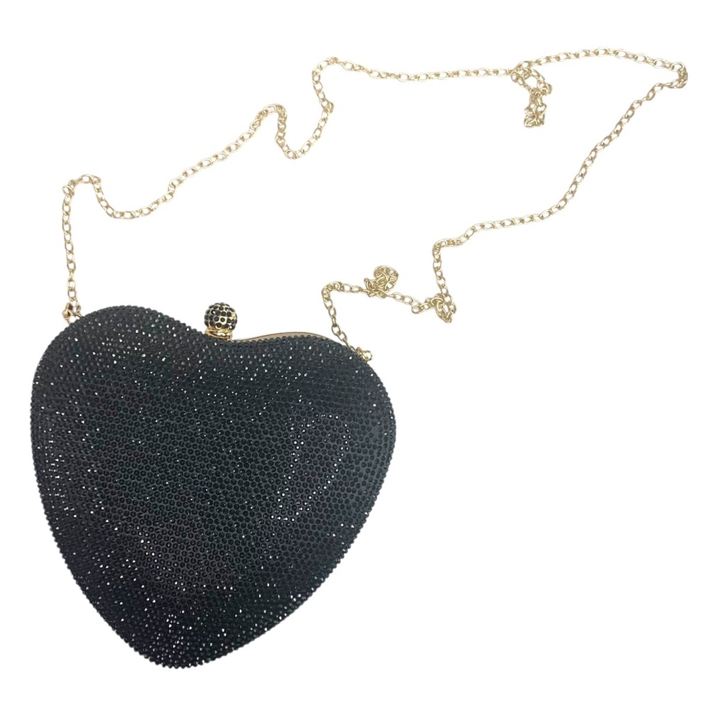 JEWELED HEART Black Clutch with Gold Chain